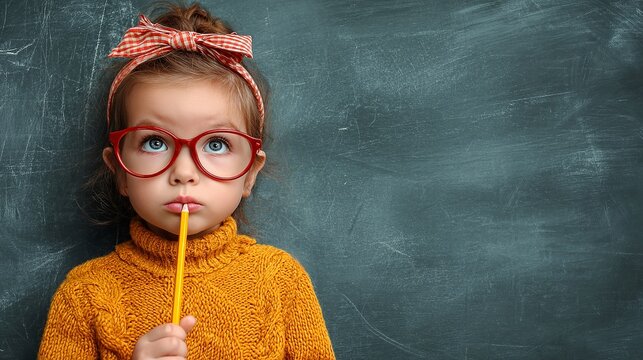 Pensive young girl with glasses contemplating education against a chalkboard backdrop evokes curiosity and intellect. - Powered by Adobe