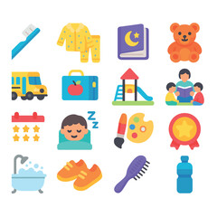 Children's routine icon collection. daily activities flat set. toothbrush, pajamas, book, toy, backpack, school, play, family, sleep, paint, award, hygiene, sneakers, comb, bottle