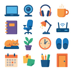 Home office icon collection. minimal flat design icons: laptop, webcam, headphones, desk lamp, router, cat, plant, clock, slippers, calendar, stationery.