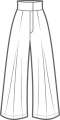 Women's High-Waisted Wide-Leg Trousers CAD Drawing Flat Vector Fashion Illustration with Front Pleats.