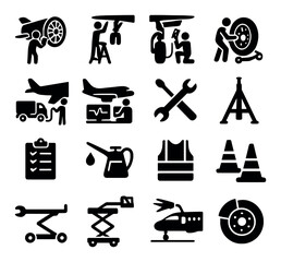 Aircraft maintenance icon collection. aviation tools silhouette set. plane, wrench, oil, ladder, cones, vest