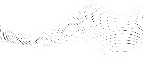 Abstract flowing wave pattern composed of small black dots on a clean white background
