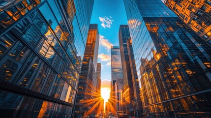 Sunrise over city skyscrapers, urban canyon, business district,  financial center, hope, opportunity