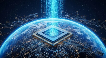 A microchip on a digital earth, representing global technology, data, and artificial intelligence