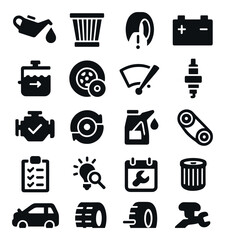 Car maintenance icon collection: simple silhouette toolbox - oil, battery, engine, wheel