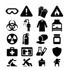 Lab safety icon collection. essential lab symbols silhouette style: goggles, fire, gloves, biohazard, emergency,