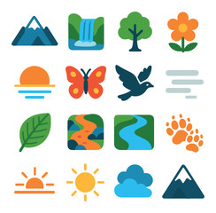 Nature icon collection. beautiful simple icons: mountain, waterfall, tree, flower, butterfly