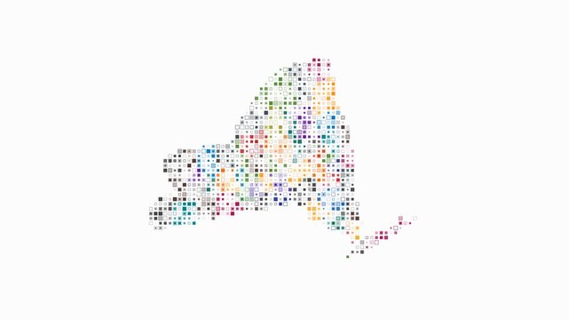 New York dotted animation. Shape of the state build of pulsating colored dots. Small size square blocks. Digital style map on white background. Classy video.