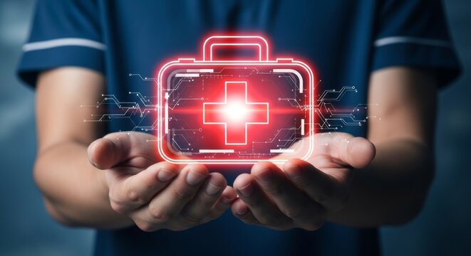 A person is holding a glowing first aid kit, representing modern healthcare solutions