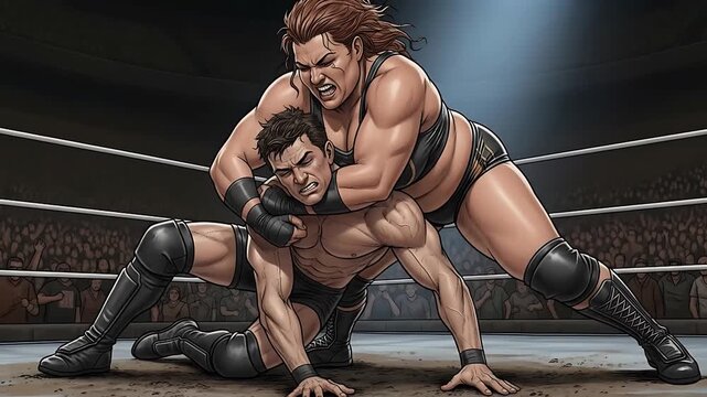 Female wrestler doing a submission hold to her opponent in ring animated