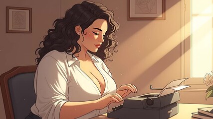 Curvy plus size woman working on typewriter animated