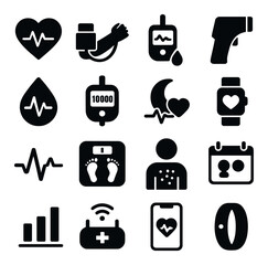 Health monitoring icon collection. simple silhouette: heartbeat, blood pressure, glucose, thermometer, scale, step tracker, calendar, watch