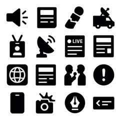 Media icon collection: linear news, microphone, satellite, broadcast, camera, live, pen tool