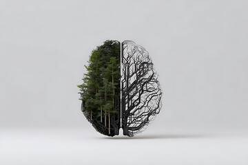 brain divided between tech and nature, symbolic overload, creates conceptual collage