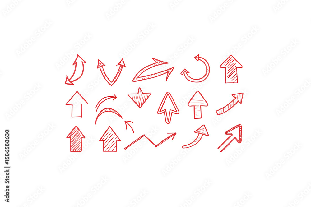 Poster hand drawn red arrow icons png set – vector style directional arrows – isolated on transparent backg