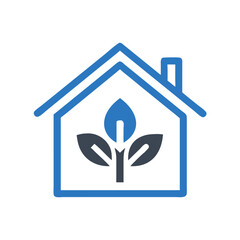 Eco house icon featuring plant symbol in minimalist blue design  