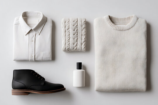 minimalist fashion, neatly folded capsule wardrobe items white shirt, jeans, sweater, leather shoes top view
