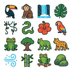 Rainforest icon collection. nature and wildlife simple icons: monkey, toucan, frog, waterfall, bamboo, snake