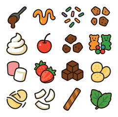 Ice cream toppings icon collection. vibrant flat toppings: chocolate, caramel, sprinkles, cherry, candies