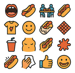 Hot dog icon collection. fast food silhouette icons: bite, drink, smile, thumbs up