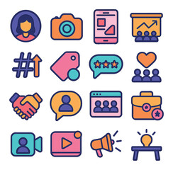 Influencer marketing icon collection. simple linear icons for branding, camera, chat, tag, analytics, briefcase, video, like,