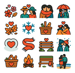 Seasonal love icon collection. romantic simple symbols: heart, couple, scarf, snowflake, fire, picnic, bench