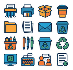 Office recycling icon collection: eco-friendly simple icons, linear style. shredder, printer, folder, cup, box, document, pen, mail, bin, computer