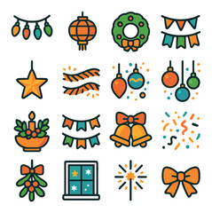 Festive decor icon collection. holiday decorations, ornament, fairy lights, simple
