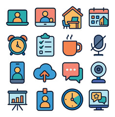 Remote work icon collection. modern office flat icons: laptop, coffee, microphone, calendar, chat, camera, cloud