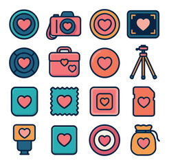 Heart inspired camera icon collection. simple compose with camera, tripod, flash, memory, heart