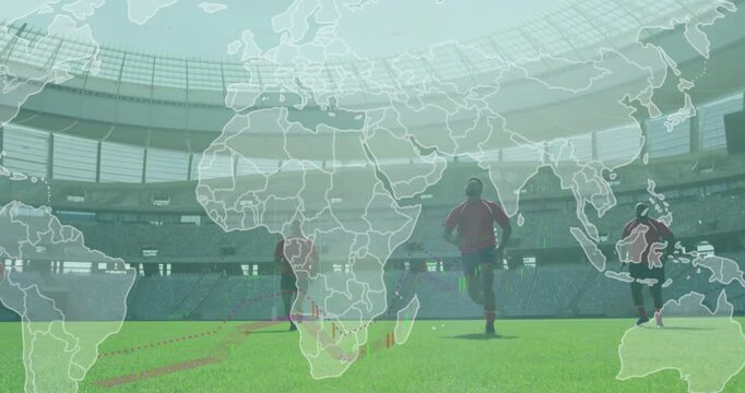Map overlay fading while red rugby player sprinting and navy defender tackling on grass pitch