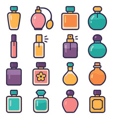 Perfume bottle icon collection. scent, fragrance, spray, aroma, flask, essential flat