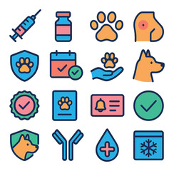 Canine vaccination icon collection. simple pet health, vaccine, paw, shield, certificate