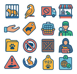 Wildlife trade icon collection: simple flat animal, smuggling, cage, market, conservation