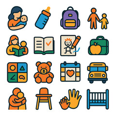 Childcare icon collection: simple education symbols. bottle, book, bus, family, teddy, flat