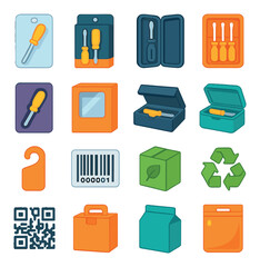 Screwdriver packaging icon collection. simple linear tools, box, recycling, barcode, qr code