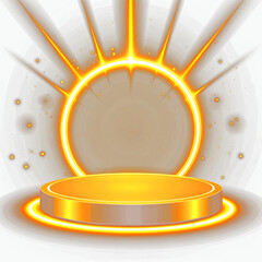 Golden Glowing Light Podium with Beams &ndash; Vector Fantasy Illustration on Black Background
