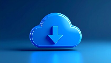 Blue cloud download icon on a dark blue background