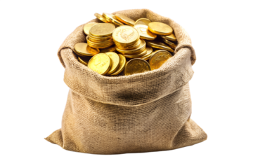 Photo of a burlap sack overflowing with shiny gold coins, symbolizing wealth and fortune, isolated on a transparent background