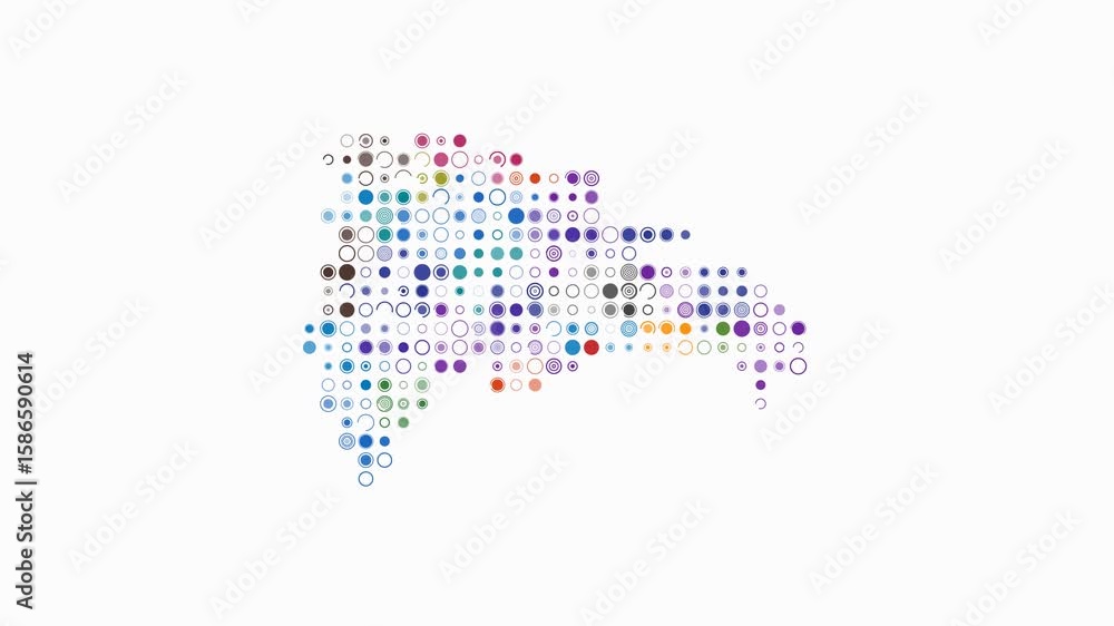 Poster dominican republic dotted animation. shape of the country build of pulsating colored dots. large siz