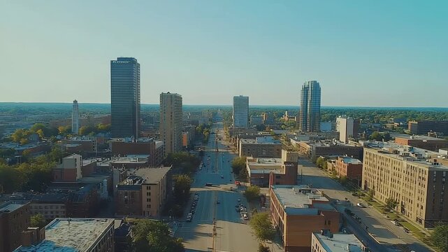 Aerial view of modern cityscape with scattered green trees and urban layout
