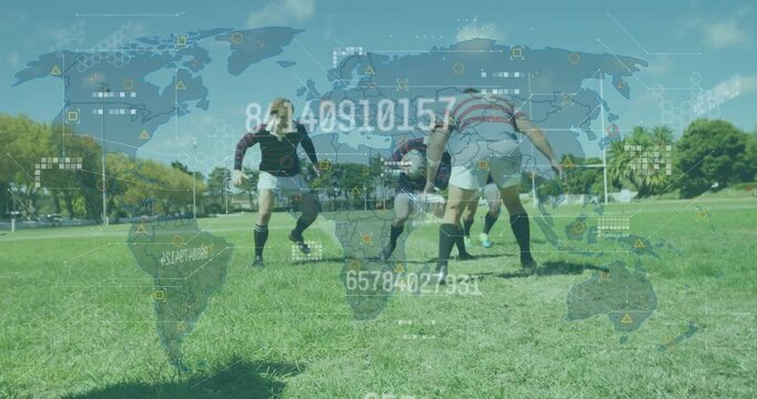 Kicking off, attackers powering carrier breaking line with sports world map overlay