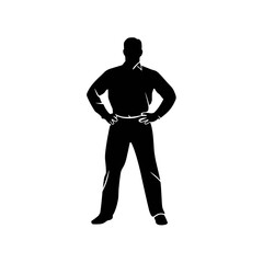 Standing man silhouette with hands on waist, vector icon
