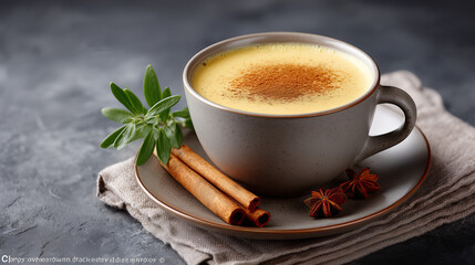 Golden Turmeric Milk With Cinnamon And Herbs