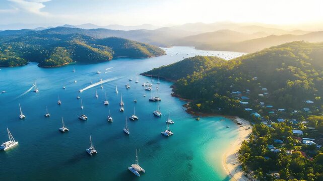 Scenic quiet ocean bay with rocky cliffs and tropical forest near Luh Island
