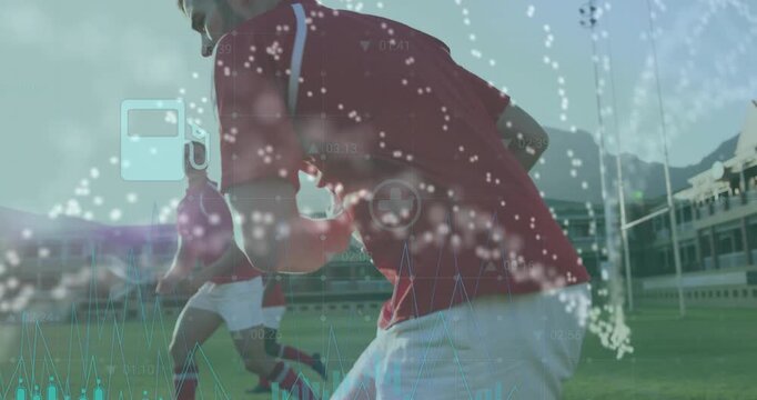 Rugby players passing ball and initiating data overlays evolving from charts to icons for analytics