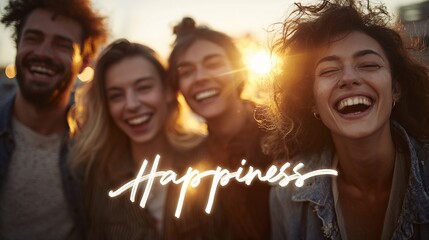Carefree friends glowing in sunset light, radiating joy and friendship with the superimposed word "Happiness" shining through.