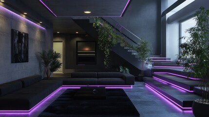 Sleek, dark modern living room with neon accents & staircase with indoor plants