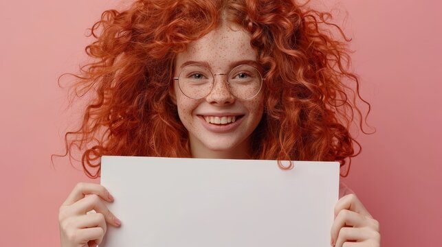 female red head holding up blank card for mock up on pastel colored background	