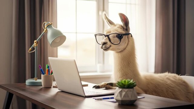 Humorous llama wearing glasses, diligently working on a laptop at a home office desk, symbolizing quirky productivity and remote work in a unique way.